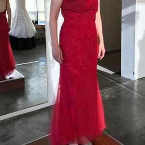 Red Lace Formal Tea Length Dress